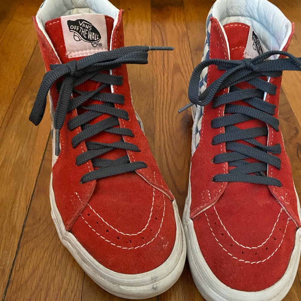 Red, white and blue check Vans.